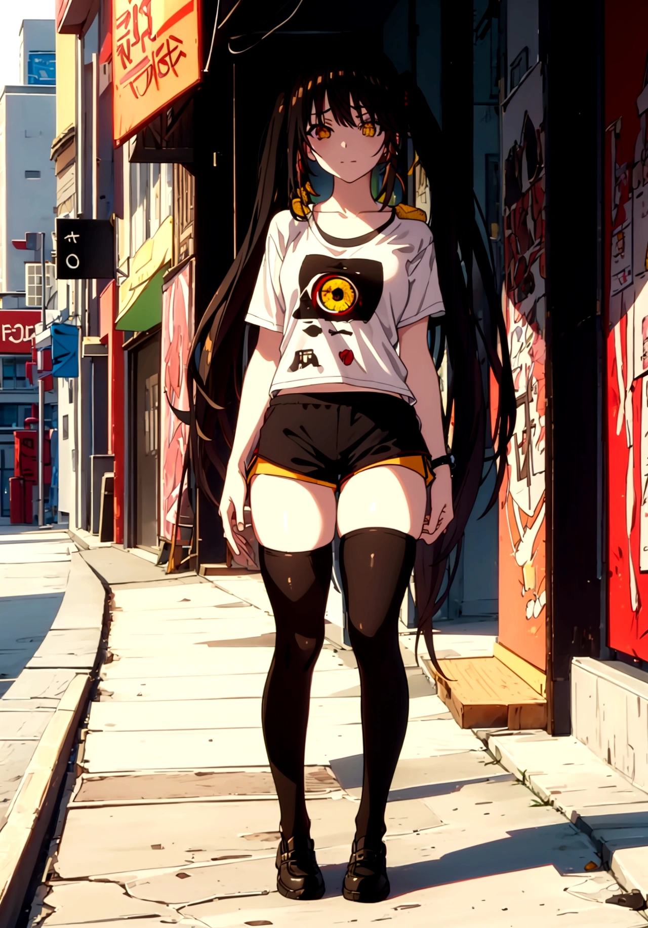 ultra-detailed,highly detailed,best quality,masterpiece,illustration
1girl, ((tokisaki kurumi)), cosplay, hair over one eye, (right red eye, left yellow eye), looking at viewer, happy girl, low twintails, ((t-shirts)), (((black hotpants))), hair rings, loafers,
(Outdoors) , walking, beach
