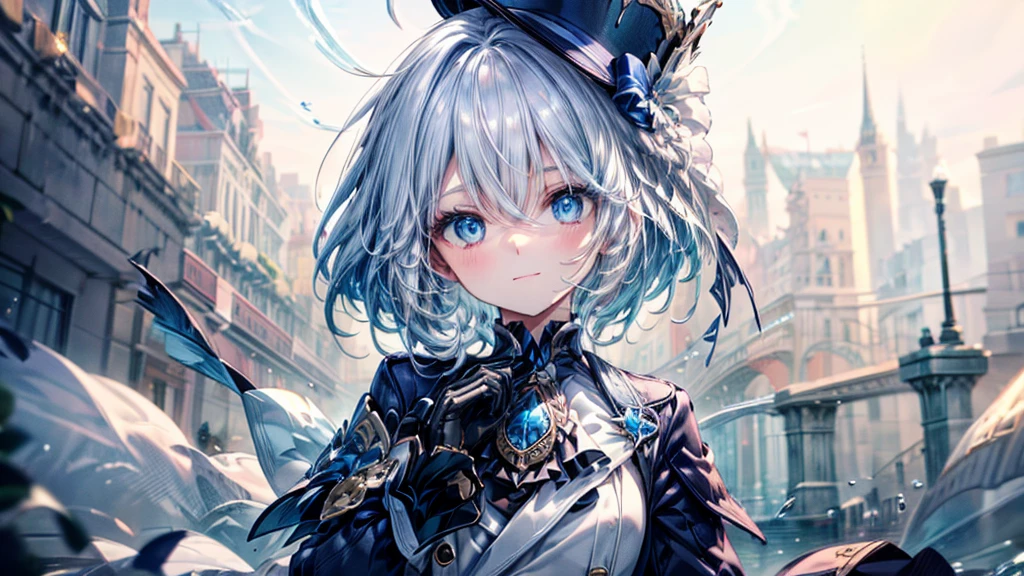 (Best Quality, 4k, 8k, High resolution, Masterpiece:1.2), ultra detailed,shading, 1 girl, Furina, SMILE, short hair, blue eye fundus, gloves, long sleeves, has, White background, hair between the eyes, jewelry, Closed mouth, blue fur, Jacket, He drowned, by white, black gloves, striped hair, comforter, Brooch, blue hats, blue gloves,by white, Upper part of the body,