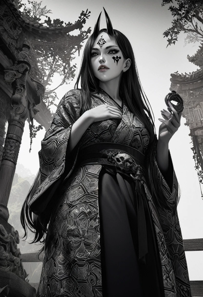 (photorealistic:1.3), Masterpiece, Best Quality, (intricate details:1.2), (scenery:1.3), beautiful face, (black theme:1.3), 
(((1 girl, A girl in a patterned kimono holding a dagger in her hand, (Mira Weiwer:1.3), (face tattoo:1.2), Small oni horn, 
))), whole body, Split in half