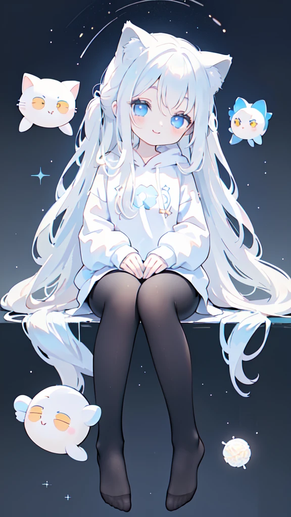 beautiful girl，Cat ear，Long white hair，Light blue eyes，cute, young, Black tights, Wearing a large hoodie，sleeping，Big Eyes，smile，1 person，The background is a starry sky，beautiful girlのみ，Sitting，No shoes，Hide your hands