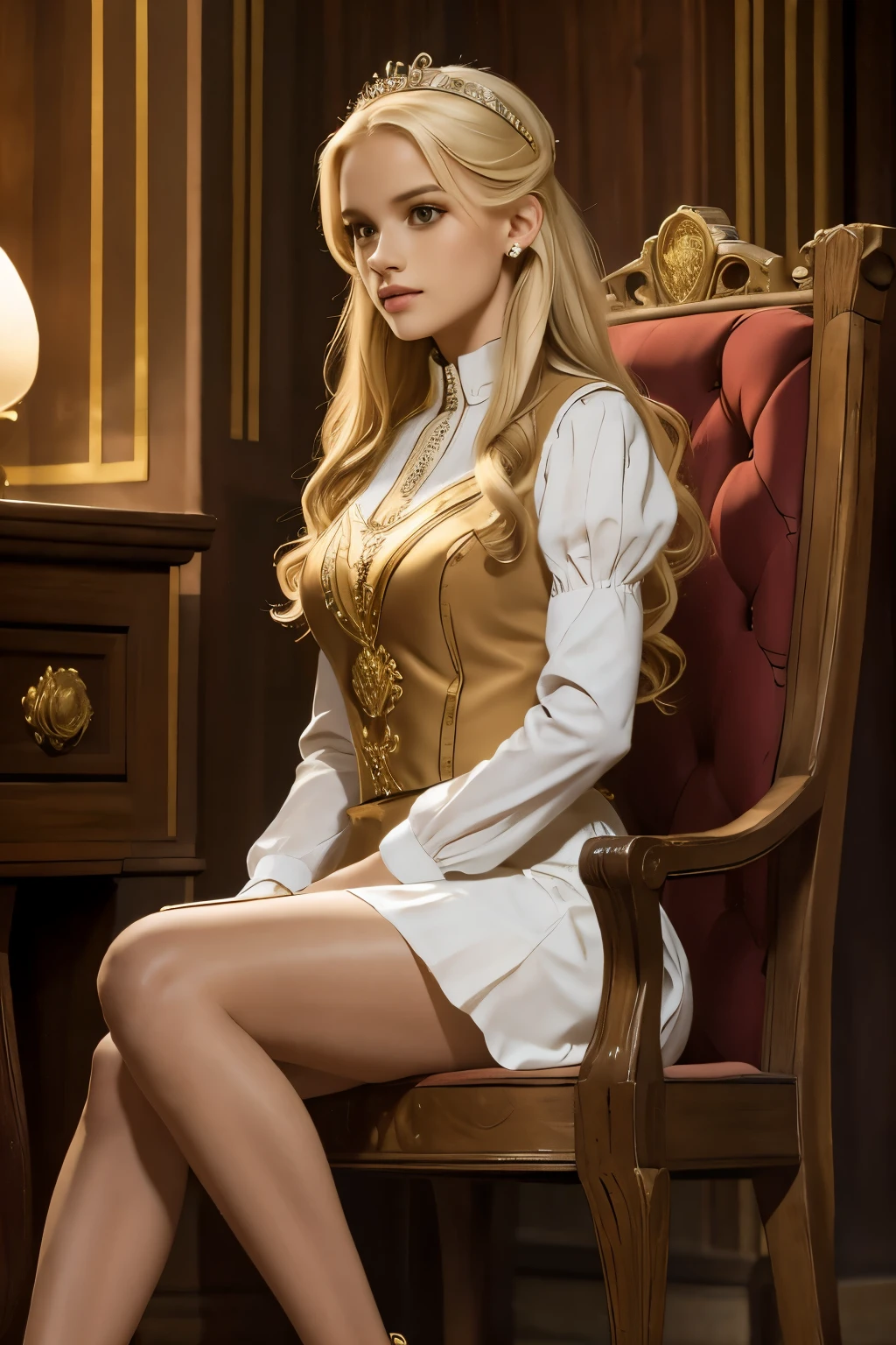 wrc style, beautiful woman, blond, sitting, royal outfit, royal chamber, medieval setting