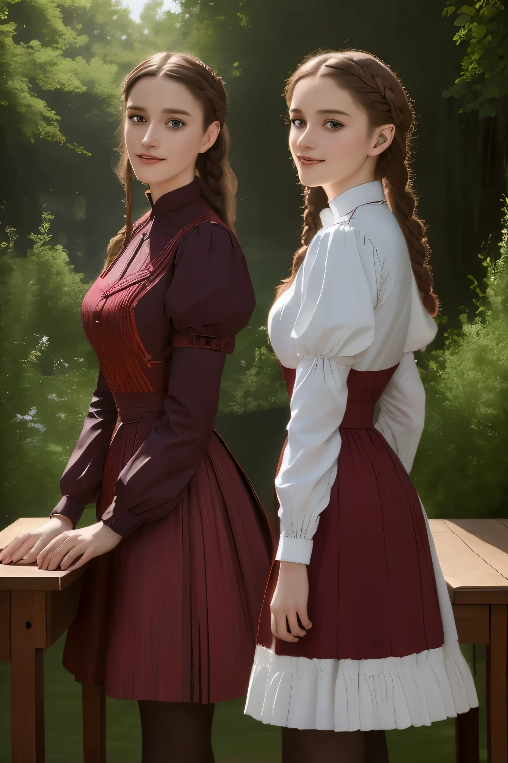 (Masterpiece, Superb, Super Detailed, High Resolution)), solo, beautiful girl RUSSIAN IN BRAIDS, bright eyes, perfect eyes,there are two women standing at a table with a cake, mary jane ansell, nick alm, by Emile Lahner, romantic era painting, inspired by Antonio Ciseri, art style of john collier, tuomas korpi bouguereau, art of emile eisman - semenowsky, inspired by Henryk Siemiradzki, victorian era painting, epic Masterpiece, ultra highest quality, ulra highest resolution, ulra high-definition, distinct_image, very elaborate CG, cinematic lighting, ray tracing, drop shadows, detailed detail, (photorealistic: 1.4), ultra high quality textures, fine-grained, realistic face expression): (lone girl, face is Japan, brown short hair, small size breasts, sparkling eyes, Eye level shot, happy smile, beauty, slim body, holiday,4k、futuristic image、real、concert hall、Many people、back view、Hologram Art、very detailed、wide angle lens、damp medieval town、3D hologram、projectolm、geometric、Vibrant and fantastic plants、big house、anime background、