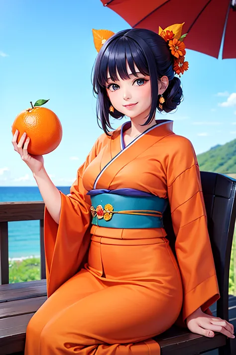 A smiling beautiful woman in a kimono holding an orange fruit under a blue sky bites into a slice of orange