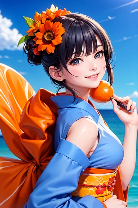 A smiling beautiful woman in a kimono holding an orange fruit under a blue sky bites into a slice of orange