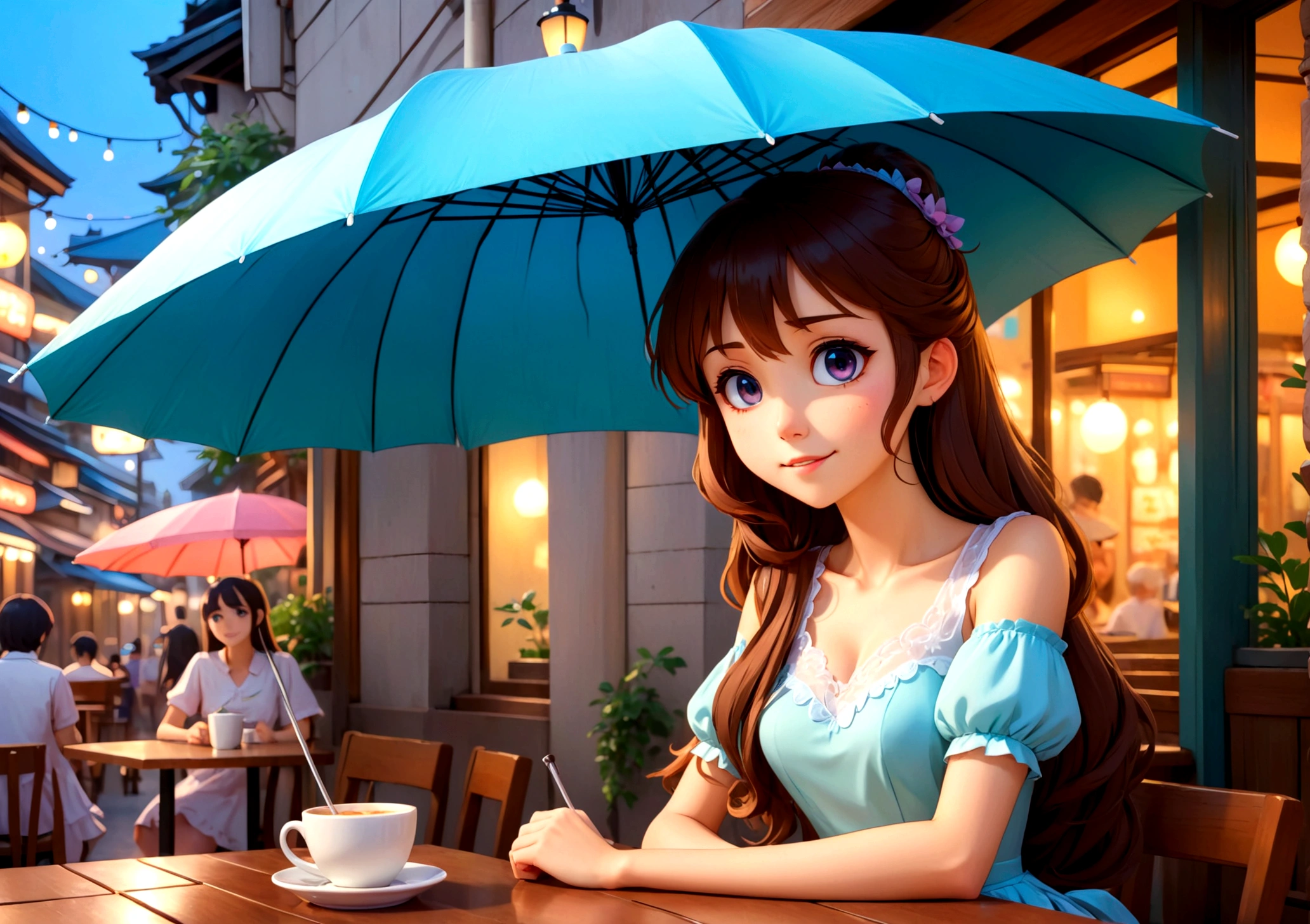 Anime girl sitting at a table under an umbrella, outside the cafe - SeaArt  AI