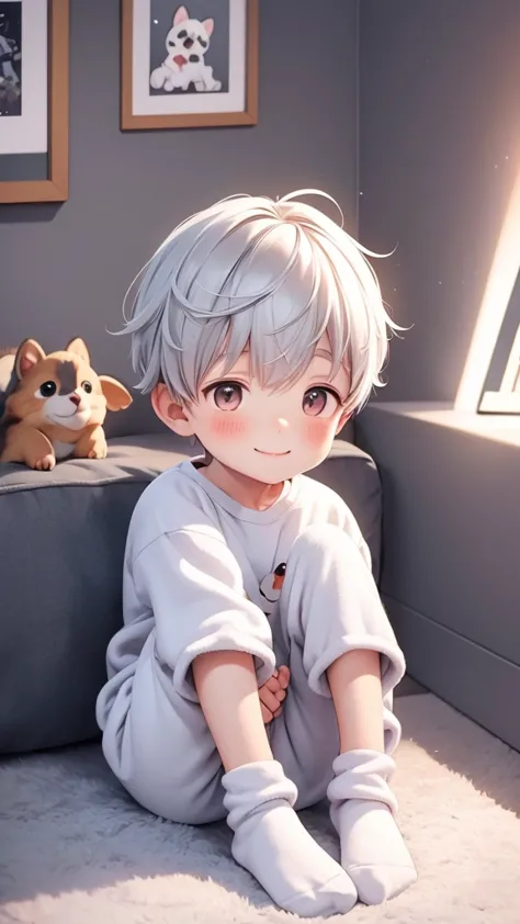 8 year old boy sitting on the floor with his legs crossed and with cute socks with children's drawings his room is so cute and f...