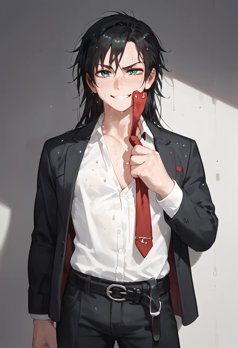 (masterpiece, High resolution, Super detailed:1.0), (1 male, Adult male, Soft and handsome face), Very high, the right amount of muscle, Exquisite eyes and exquisite face, Extremely detailed CG, unified 8k wallpaper, intricate details, Detailed face, (Aqua blue eyes, black hair, long hair, messy hair, half open white shirt, Black suit pants, untied belt, Holding the red tie around his neck with one hand), (Slightly red cheeks, sweat, raised an eyebrow, Evil smile:1.3), Against the light black wall, relaxed and casual attitude