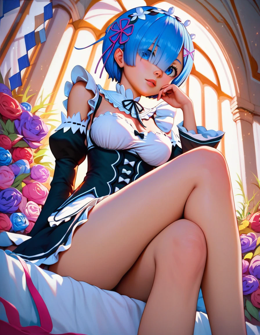 score_9, score_8_up, score_7_up,  (masterpiece, best quality, very aesthetic, ultra detailed, source anime, anime, intricate details), rem_\(re:zero\)
blue_eyes,hair_over_one_eye,short_hair,blue_hair,hair_ribbon,roswaal_mansion_maid_uniform, 1girl, solo, sitting, crossed legs, from below