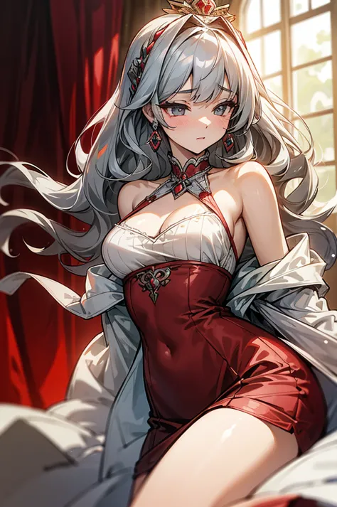 beautiful girl, long wavy gray hair, beautiful big gray eyes, revealing clothes, open bodice, very deep neckline, open shoulders...