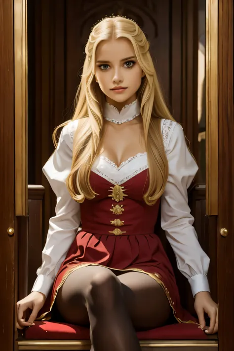 wrc style, beautiful woman, blond, sitting, royal outfit, royal chamber, medieval setting