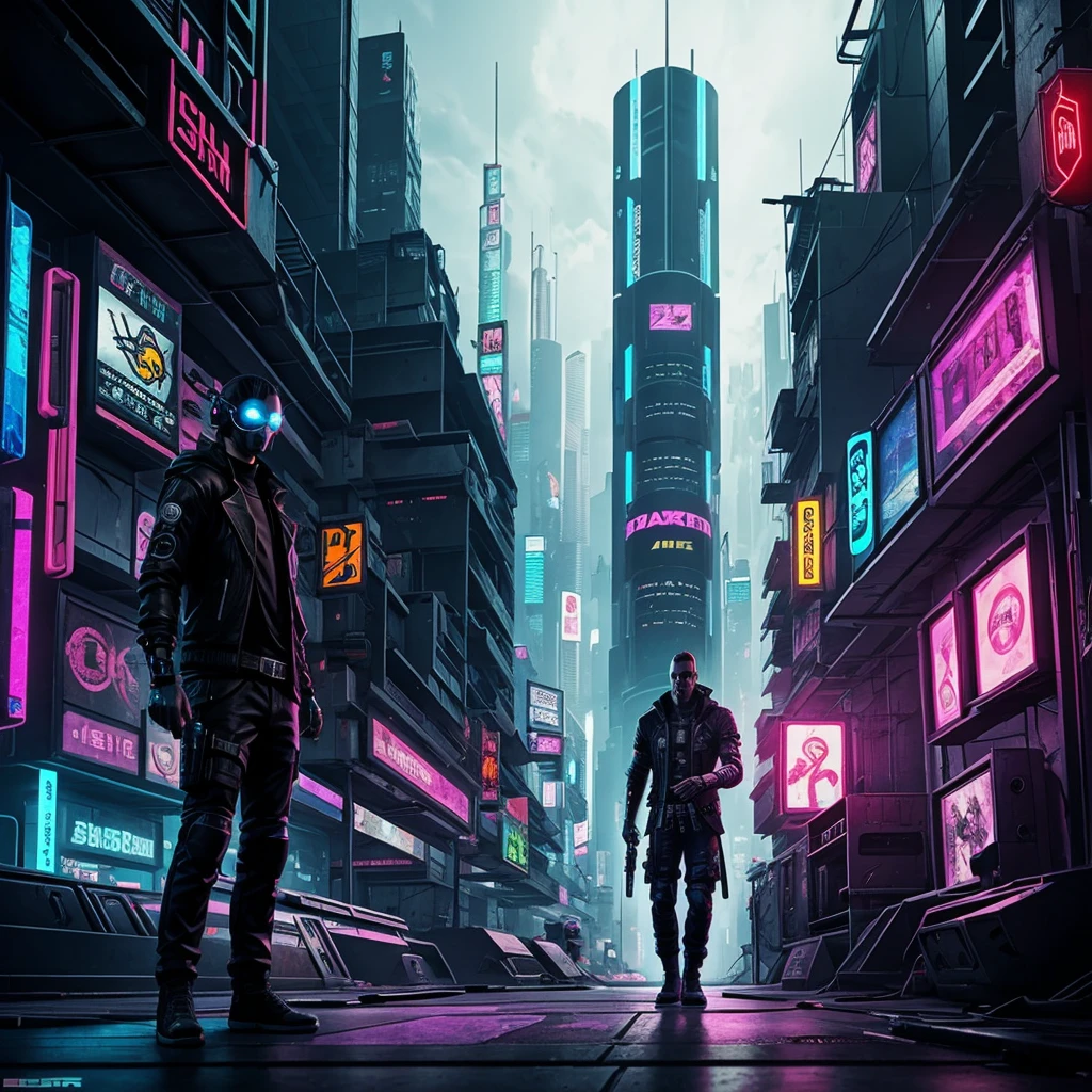 A fun and conceptual piece of cyberpunk digital art featuring a gamer&#39;s username. "DISHES91". in the center, striking skull with neon blue gas mask, his glowing eyes, emitting intensity. Electric blue smoke envelops the skull, creating a mesmerizing effect, while energy traces add spice, futuristic atmosphere. Against the background of darkness, Dystopian cityscape, illuminated by neon lights and holographic advertising, the image embodies the essence of a post-apocalyptic gamer, seamless integration of technologies, darkness, and style., conceptual art