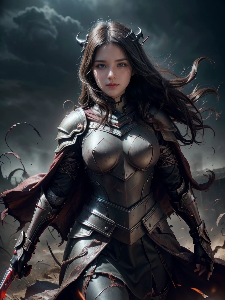 photograph of a dark-haired woman with curls tousled by the wind, intertwined hair, (Battlefield, war, blood, medieval battle, medieval warfield, earth, dust, dust in the wind, stained with blood, face stained with blood, armor stained with blood), deep neckline, full skirt flying in the wind, like a flame against the twilight sky., radiating unrestrained beauty, small breasts, ( Wearing black metallic war armor with red line details and black metallic scales, female war armor is, Armor with torn black cape, cape, helmet, helmet on the head), a big smile on her face. 1 solo, Style: portrait, blurred background f1.2, full HD resolution, 8k, Dark vignette at the edges, cinematic effect with soft shadows and light and shadow curve at -10, best quality, professional realistic, detailed eye, double eyelid, brighten skin, real hair, realistic skin texture, Masterpiece texture, realistic clothing texture, perfect face and body, Never show hands, hidden hands, blurred hands. 