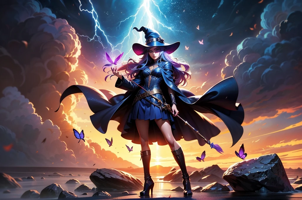 In the middle of so the storm on the stone field stand beatiful witch, she have a beautiful face with blue eyes shining purple lipstick and purple eye shadows, she have long blue hair with purple highlights, she dressed in black long coat short skirt high heels shoes and witch hat on her head , there is lighning butterflys fly all around her, (ultra high quality fantasy art, anime fantasy style, masterpiece, ultra high quality character design, 8k quality anime art, realistic anime art, top quality wallpaper illustration, detailed ultra high quality accurate face, high quality design and accurate physic)
