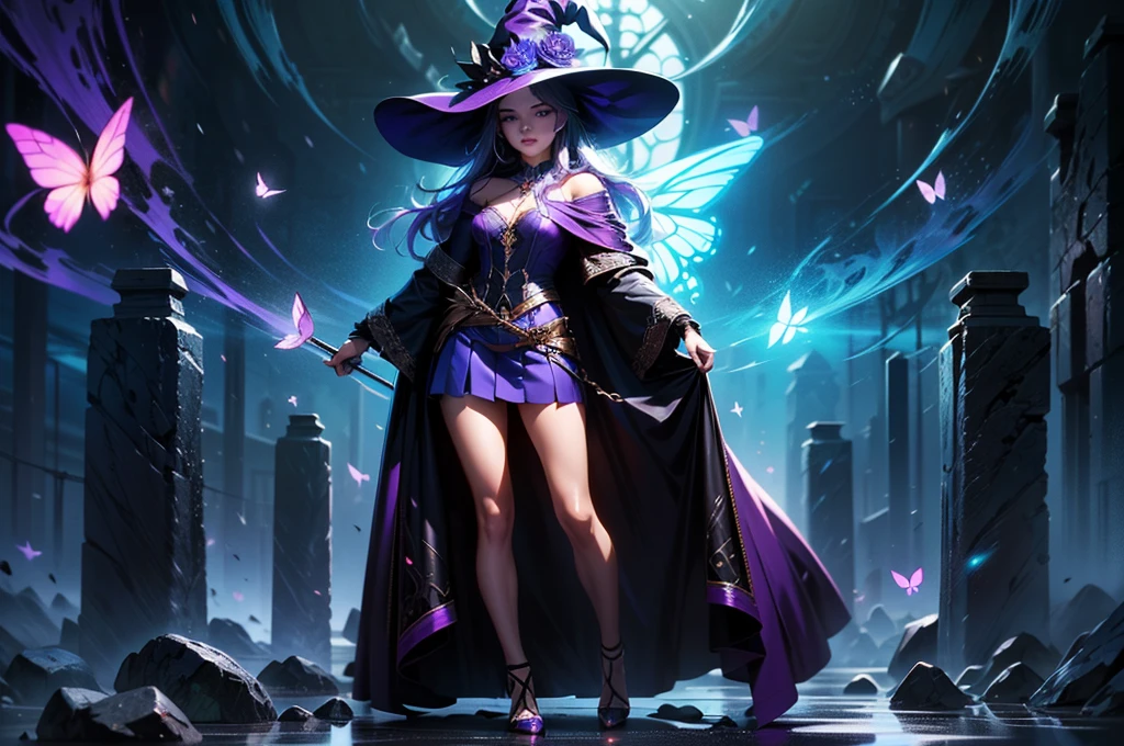 In the middle of so the storm on the stone field stand beatiful witch, she have a beautiful face with blue eyes shining purple lipstick and purple eye shadows, she have long blue hair with purple highlights, she dressed in black long coat short skirt high heels shoes and witch hat on her head , there is lighning butterflys fly all around her, (ultra high quality fantasy art, anime fantasy style, masterpiece, ultra high quality character design, 8k quality anime art, realistic anime art, top quality wallpaper illustration, detailed ultra high quality accurate face, high quality design and accurate physic)
