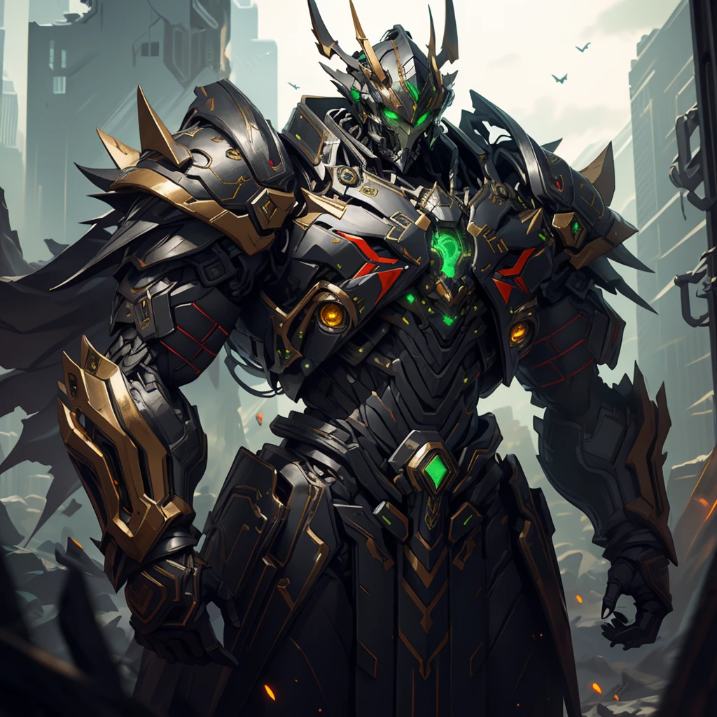 Man in a helmet, covering your entire face, biotech fantasy combat suit, green eyes, (composite multi-layer chest armor), fully enclosed shoulder pads, matching hand and foot guards, belt decorated with fangs, biting into spheres, (The color scheme is predominantly black with red accents), the design combines heaviness and maneuverability, high-tech biomechanical armor, (Armor bat concept, stand on top of a skyscraper in a futuristic sci-fi city), this character represents a skillfully crafted hero in fantasy surrealism anime style armor., refined and mature manga style, (Element, plasma, energy, armor glows), ((male:1.5)), metallic, real texture material, Dramatic, A high resolution, Best quality, A high resolution, ultra detailed, ultra fine painting, extremely delicate, professional, Ideal body proportions, Golden ratio, anatomically correct, symmetrical face, extremely detailed eyes and face, High quality eyes, creativity, Raw photo, uhd, 32 thousand., Natural light, Cinematic lighting, masterpiece-anatomy-perfect, masterpiece:1.5