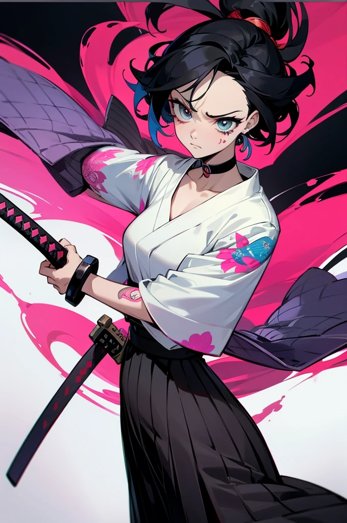 1 woman, wearing a stylish and edgy outfit, the color palette is mainly dark with splashes of vibrant colors, tailored white shirts, fashionable, woman, vibrant, outfit, colorful, accessory, majestic, sharp focus, modern, determined expression, closed one eye, disgusted face, embarrassed, Ink wash painting background, geometry tattoo, (cinematic), elaborate, holding japanese sword, katana, pose, collarbone,
