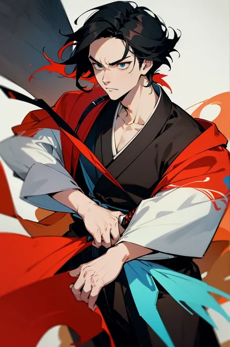 1 man, wearing a haori, the color palette is mainly dark with splashes of vibrant colors, tailored white shirts, fashionable, ma...