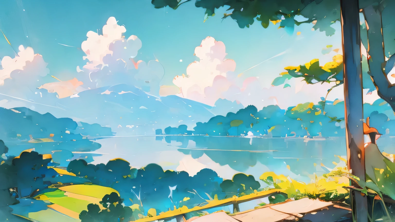 Tapete Studio Ghibli, ein Tal mit einem See mit vielen Tieren, ein strahlender Tag mit Wolken