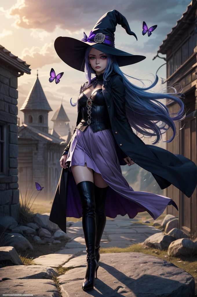 In the middle of so the storm on the stone field stand beatiful witch, she have a beautiful face with blue eyes shining purple lipstick and purple eye shadows, she have long blue hair with purple highlights, she dressed in black long coat short skirt high heels shoes and witch hat on her head , there is lighning butterflys fly all around her, (ultra high quality fantasy art, anime fantasy style, masterpiece, ultra high quality character design, 8k quality anime art, realistic anime art, top quality wallpaper illustration, detailed ultra high quality accurate face, high quality design and accurate physic)
