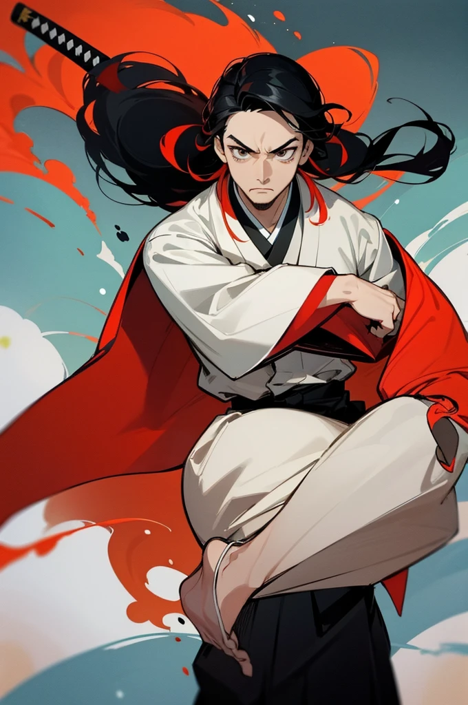 1 man, wearing a haori, the color palette is mainly dark with splashes of vibrant colors, tailored white shirts, fashionable, man, vibrant, outfit, colorful, accessory, majestic, sharp focus, modern, determined expression, serious face, Ink wash painting background, (cinematic), elaborate, holding japanese sword, katana, action pose, collarbone, muscular, red outline, arms in pockets