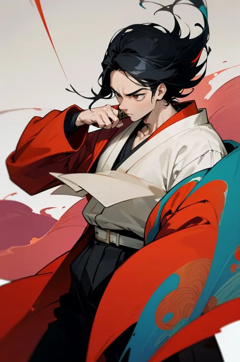 1 man, wearing a haori, the color palette is mainly dark with splashes of vibrant colors, tailored white shirts, fashionable, ma...