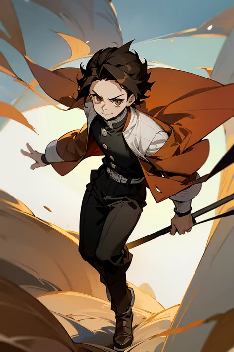 1male, teen, brown hair, short hair, hazel eyes, demon slayer clothing, walking on path, smirk, bright, masterpiece quality, per...