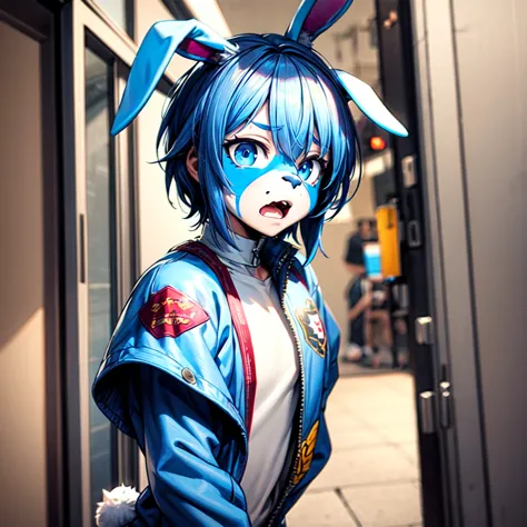 (best quality), (masterpiece), (detailed) male, adult, short blue hair, detailed blue eyes, blue furry rabbit ears, tied up, dis...
