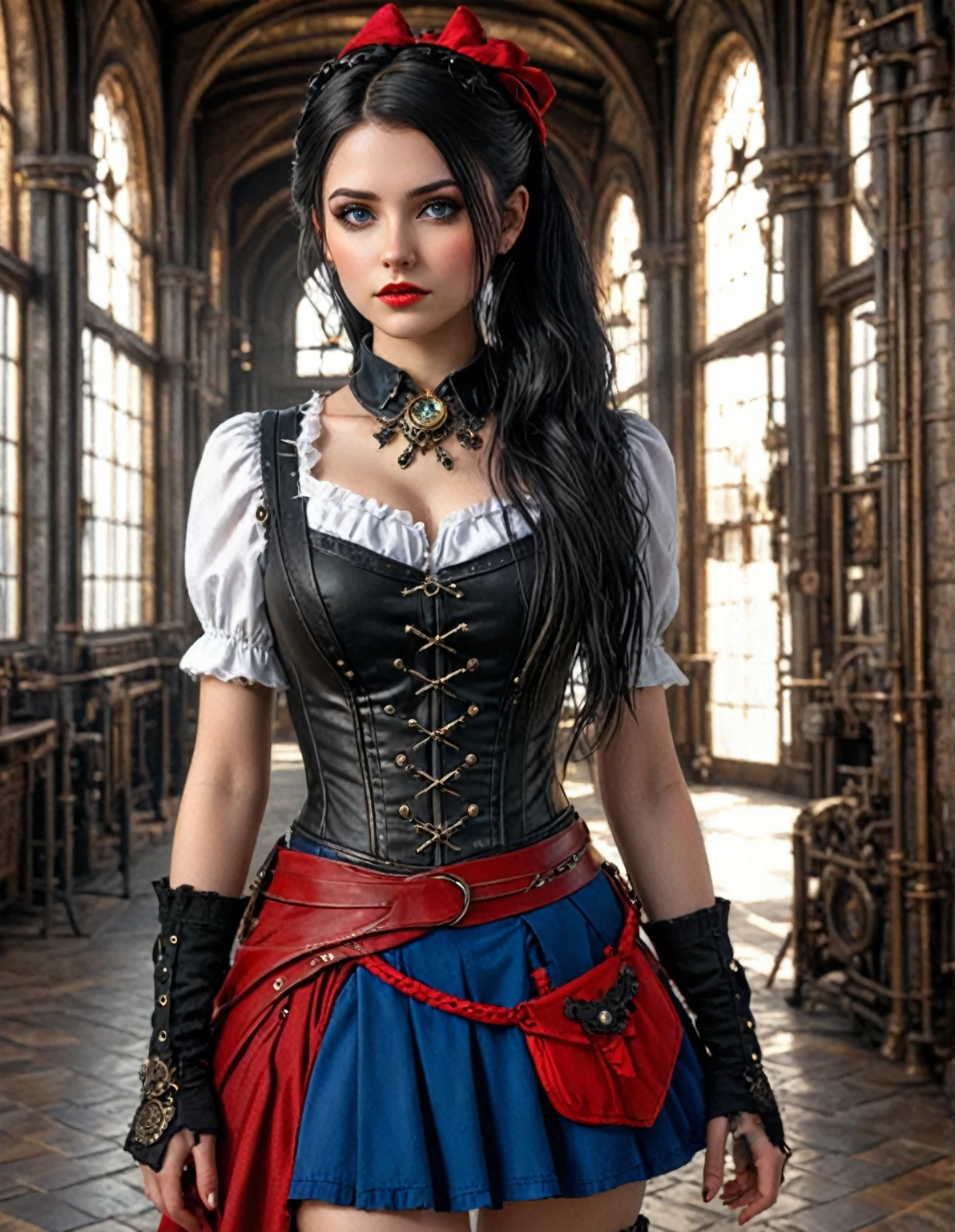 Hay una mujer disfrazada parada en un edificio., fantasía steampunk style, steampunk hermosa anime mujer, virgen gótica, ropa steampunk, chica steampunk, con un vestido steampunk detallado, fantasía steampunk, estilo medieval, ropa estilo fantasia, yenfer of vengerberg, traje de fantasía, Inspirado en la magia y el steampunk, yenfer, Chalecos y corsés