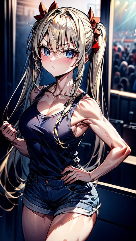 full portrait, very slender. long, blonde hair. she has blue eyes. pigtails tied with a red ribbon, tank top with blue jeans sho...