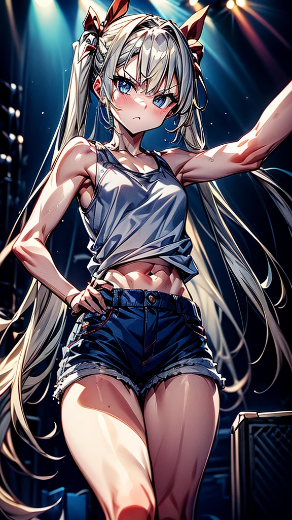 Full portrait, very slender. Long, blonde hair. She has blue eyes. pigtails tied with a red ribbon, tank top with blue jeans shorts at a concert. taking a selfie.  portrait.