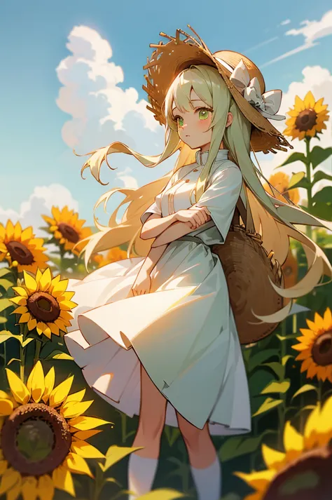 white dresses，white canvas shoeature girls，long white hair，light green eyes，wearing a straw hat，sunflowers in straw hats，adolabl...