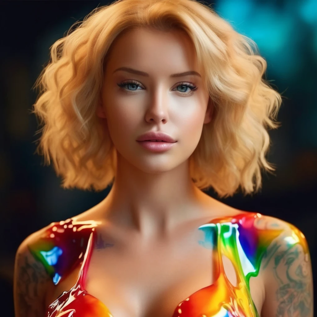 Beautiful blonde woman, with wax dress melting and dripping down the body (masterpiece: 1.2), (best quality), 4k, ultra-detailed, (dynamic composition: 1.4), highly detailed, colorful details, (iridescent colors: 1.2), (bright lighting, atmospheric lighting), dreamy, magical, (solo: 1.2)