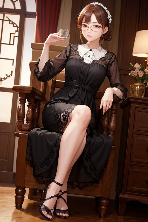 Highest quality、masterpiece、High sensitivity、High resolution、Detailed Description、４８Old woman、Slender women、Glasses、Lace skirt、