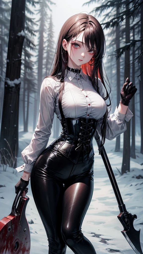 ((blood droplets)), ((blood)), ((blood splatter)), ((blood on clothes)), ((blood stain)), Masterpiece, Beautiful art, professional artist, 8k, Very detailed face, Detailed clothing, detailed fabric, 1 girl, standing, perfectly drawn body, big breasts, shy expression, pale skin, beautiful face, long black hair, Blue eyes, very detailed eyes, pink cheeks, choker:1.6, (white collar button down long sleeve shirt), black gloves, gloves that cover hands, (holds an ax with his right hand), (black leather corset), (shiny black leggings), Sensual Lips , evening de invierno,  show details in the eyes, looking at the viewer, Dark road, Snowy forest, evening, Atmosphere, snow