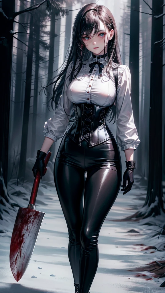 ((blood droplets)), ((blood)), ((blood splatter)), ((blood on clothes)), ((blood stain)), Masterpiece, Beautiful art, professional artist, 8k, Very detailed face, Detailed clothing, detailed fabric, 1 girl, standing, perfectly drawn body, big breasts, shy expression, pale skin, beautiful face, long black hair, Blue eyes, very detailed eyes, pink cheeks, choker:1.6, (white collar button down long sleeve shirt), black gloves, gloves that cover hands, (holds an ax with his right hand), (black leather corset), (shiny black leggings), Sensual Lips , evening de invierno,  show details in the eyes, looking at the viewer, Dark road, Snowy forest, evening, Atmosphere, snow