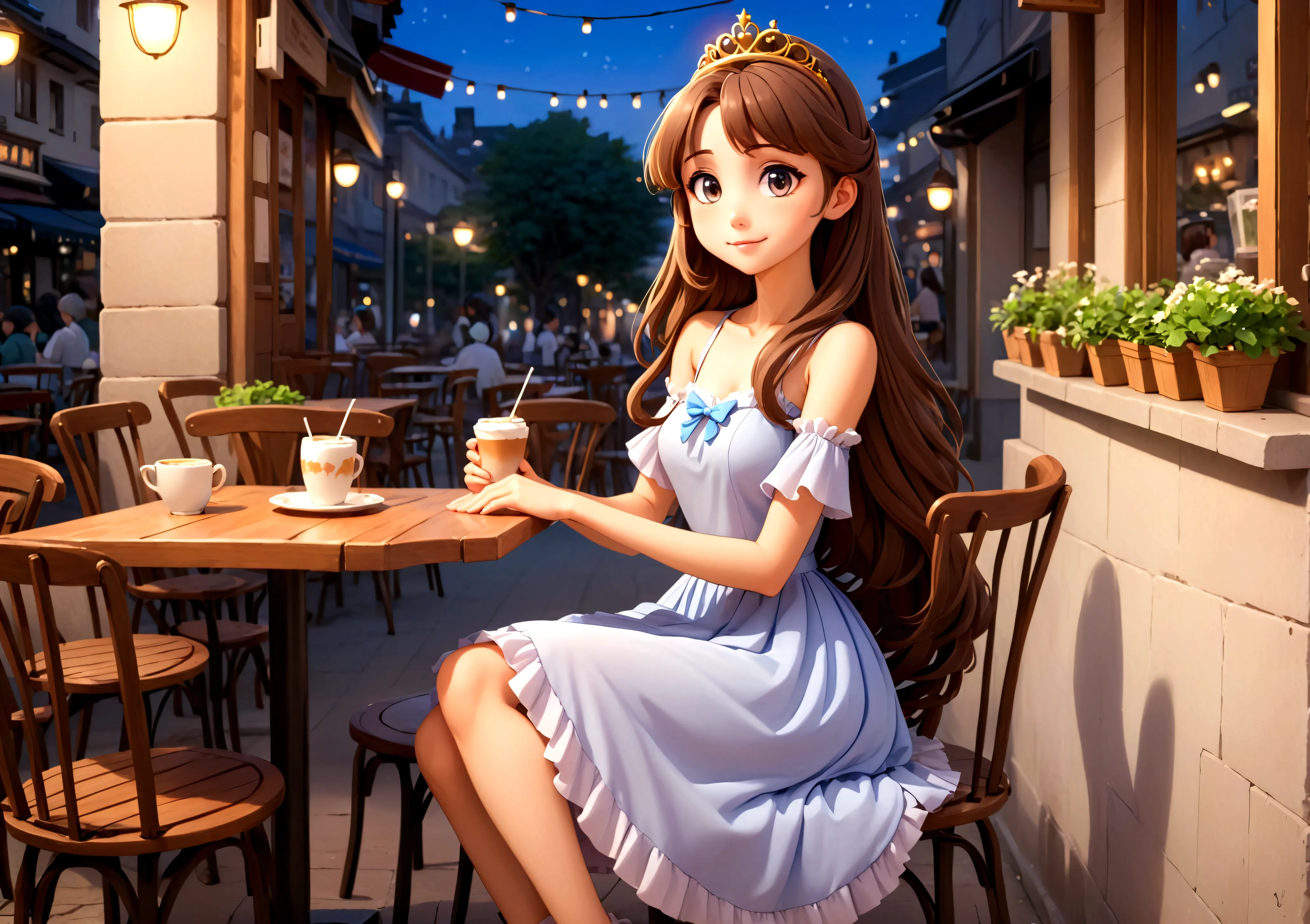 anime girl sitting at a table, outside the cafe, anime picture, evening time, happy mood, lofi artstyle, long hairstyle, princes...
