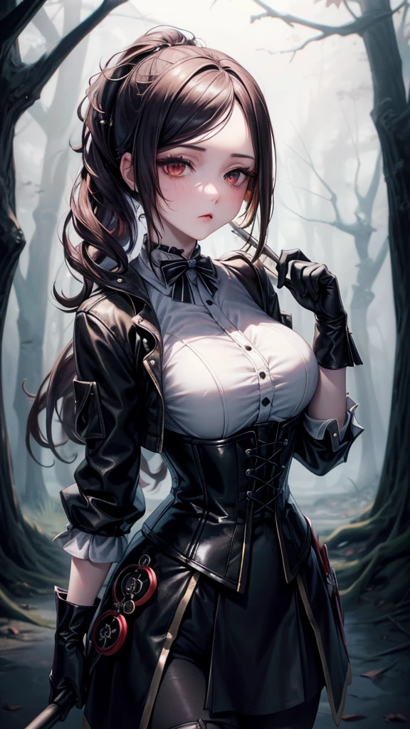 ((blood droplets)), ((blood)), ((blood splatter)), ((blood on clothes)), ((blood stain)), Masterpiece, Beautiful art, professional artist, 8k, Very detailed face, Detailed clothing, detailed fabric, 1 girl, standing, perfectly drawn body, big breasts, shy expression, pale skin, beautiful face, long black hair, Blue eyes, very detailed eyes, pink cheeks, choker:1.6, (white collar button down long sleeve shirt), black gloves, gloves that cover hands, (holds an ax with his right hand), (black leather corset), (shiny black leggings), Sensual Lips , evening de invierno,  show details in the eyes, looking at the viewer, Dark road, Snowy forest, evening, Atmosphere, snow