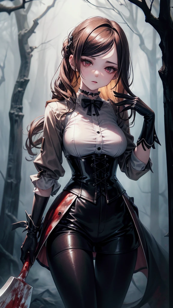 ((blood droplets)), ((blood)), ((blood splatter)), ((blood on clothes)), ((blood stain)), Masterpiece, Beautiful art, professional artist, 8k, Very detailed face, Detailed clothing, detailed fabric, 1 girl, standing, perfectly drawn body, big breasts, shy expression, pale skin, beautiful face, long black hair, Blue eyes, very detailed eyes, pink cheeks, choker:1.6, (white collar button down long sleeve shirt), black gloves, gloves that cover hands, (holds an ax with his right hand), (black leather corset), (shiny black leggings), Sensual Lips , evening de invierno,  show details in the eyes, looking at the viewer, Dark road, Snowy forest, evening, Atmosphere, snow