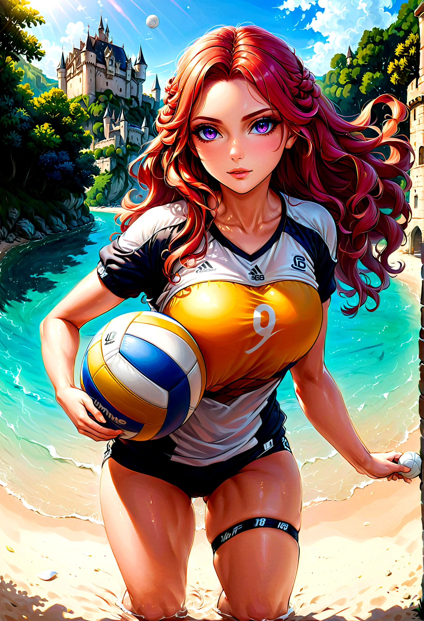 a masterful picture of a woman ((playing volleyball: 1.3)) on an on coast of the Loir river, an extraordinary beautiful renaissance woman, long hair, wavy hair, dynamic hair color, dynamic eye color, playing volley ball in a beautiful beach on the Loir river, best detailed face, a French medieval castle on the river bank in the background, wide angle, Ultra-high resolution, High Contrast, (masterpiece:1.5), highest quality, Best aesthetics), best details, best quality, highres, 16k, [ultra detailed], masterpiece, best quality, (extremely detailed), Intense gaze, chumbasket art style, 