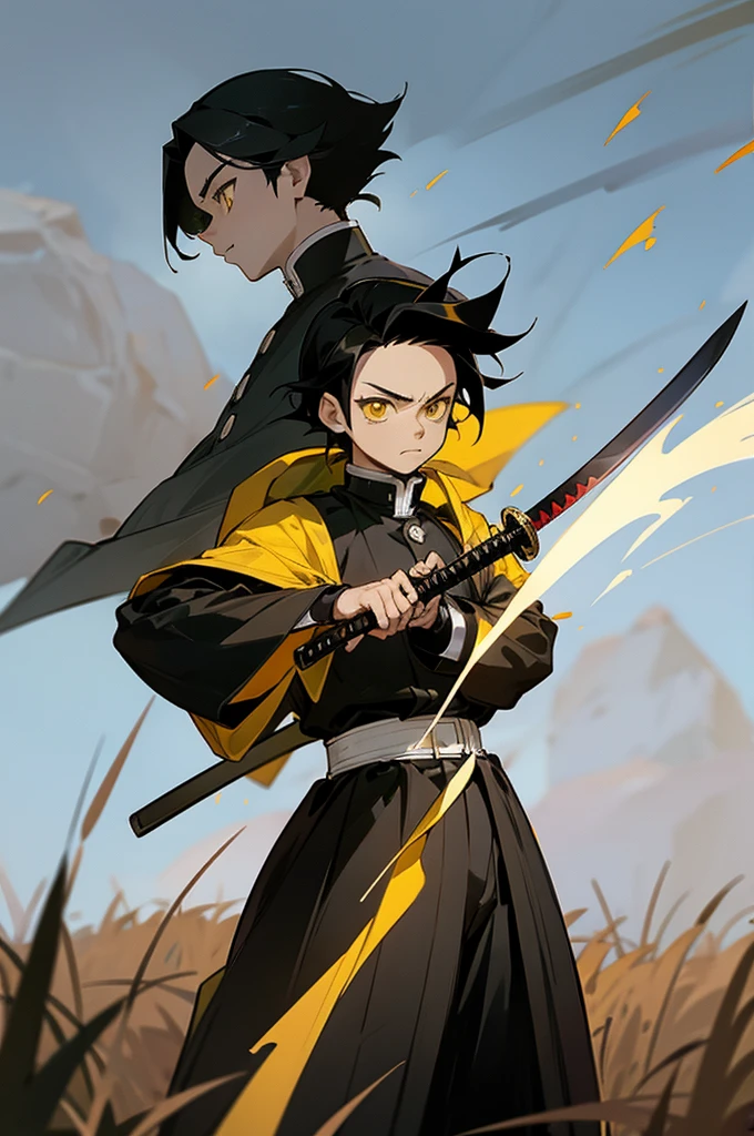 Young Adult, Male, Black Hair, poncho, One sword in Hand the other on back, sheathe, grassland background, Yellow eyes, Fighter Clothing, Masterpiece Quality, Perfect Generation. demon slayer outfit, lean build