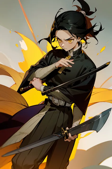 young adult, male, black hair, poncho, one sword in hand the other on back, sheathe, grassland background, yellow eyes, fighter ...