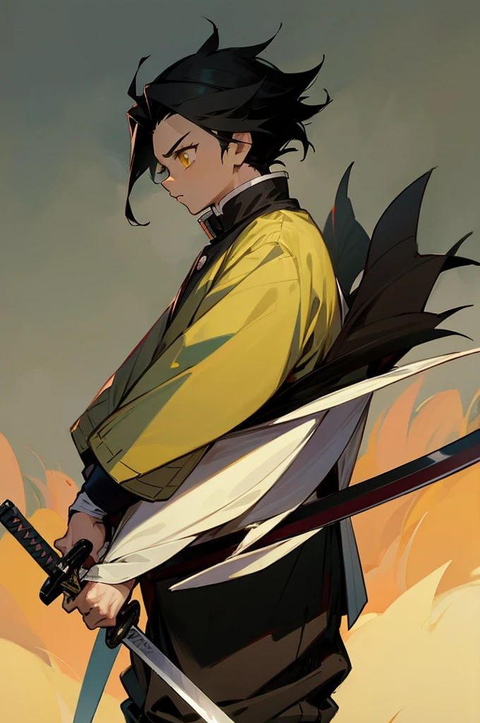 Young Adult, Male, Black Hair, poncho, One sword in Hand the other on back, sheathe, grassland background, Yellow eyes, Fighter Clothing, Masterpiece Quality, Perfect Generation. demon slayer outfit, lean build