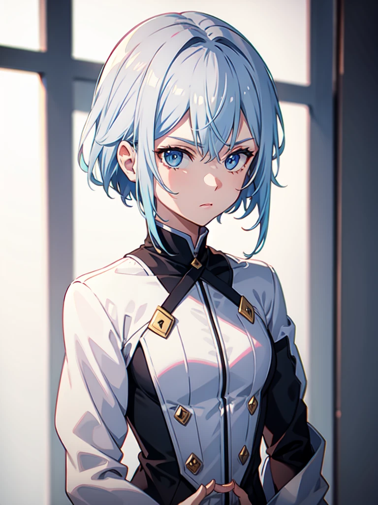 1 girl, white hair, sharp eyes, light blue eyes, bow, serious look, masterpiece, high quality, short hair, white combat clothes, white combat uniform 