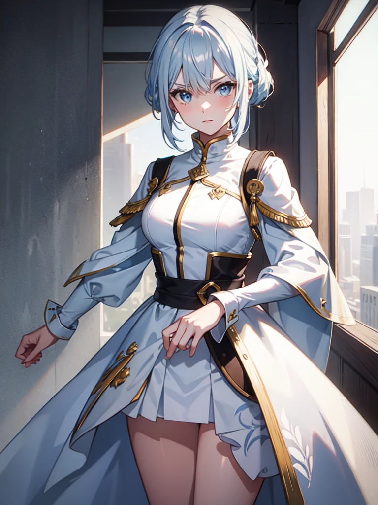 1 girl, white hair, sharp eyes, light blue eyes, bow, serious look, masterpiece, high quality, short hair, white combat clothes, white combat uniform 