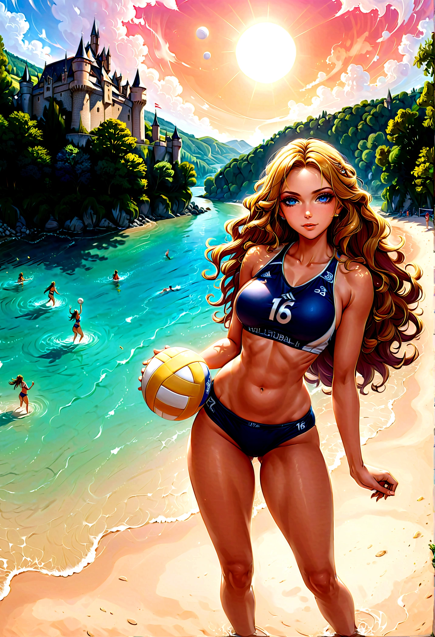 a masterful picture of a woman ((playing volleyball: 1.3)) on an on coast of the Loir river, an extraordinary beautiful renaissance woman, full body,  long hair, wavy hair, dynamic hair color, dynamic eye color, playing volleyball in a beautiful beach on the Loir river, best detailed face, a French medieval castle on the river bank in the background, wide angle, Ultra-high resolution, High Contrast, (masterpiece:1.5), highest quality, Best aesthetics), best details, best quality, highres, 16k, [ultra detailed], masterpiece, best quality, (extremely detailed), Intense gaze, chumbasket art style, 