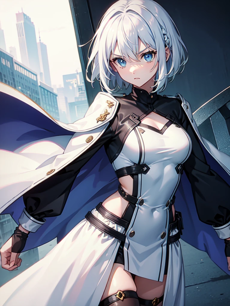 1 girl, white hair, sharp eyes, light blue eyes, bow, serious look, masterpiece, high quality, short hair, white combat uniform 