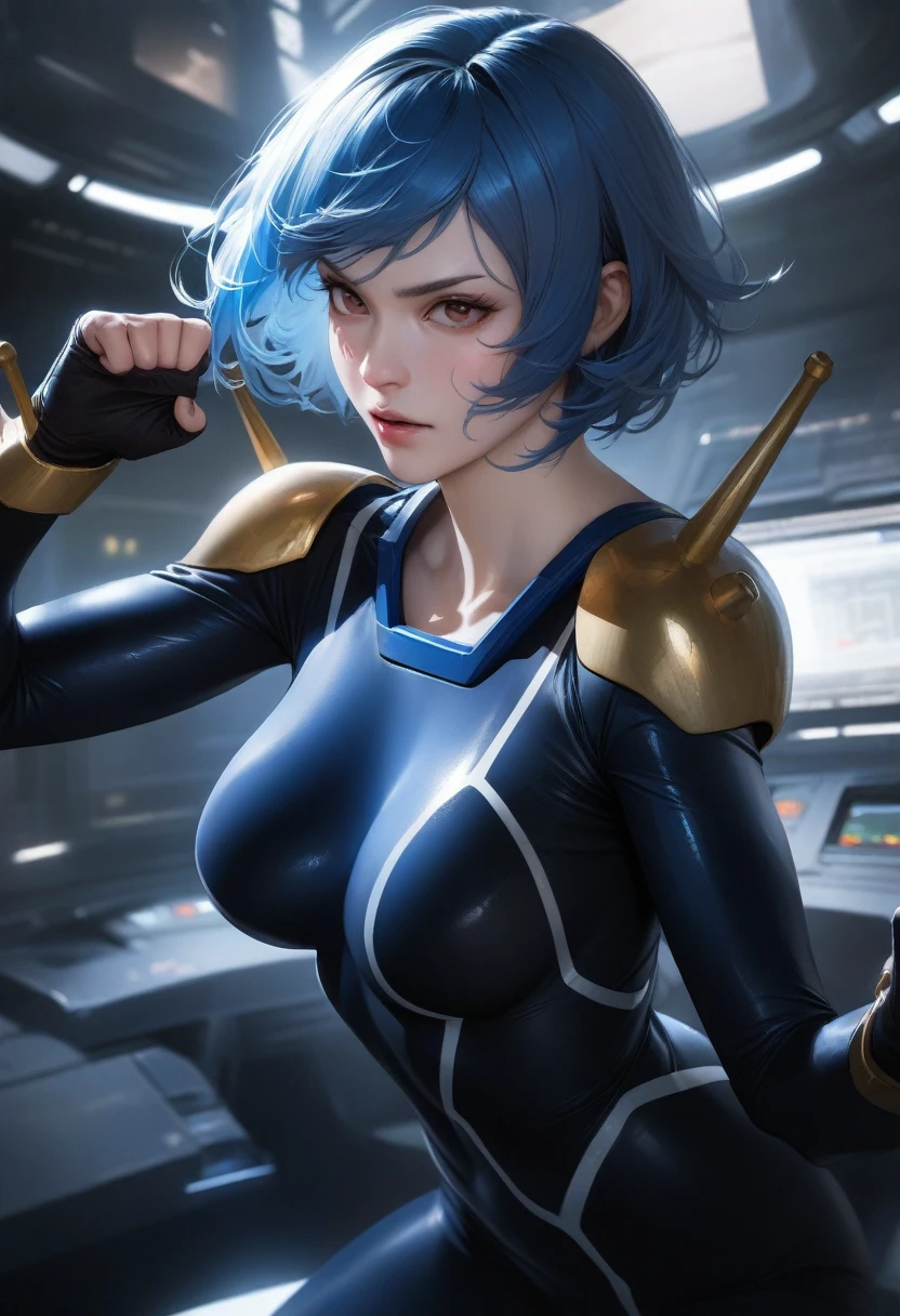 Perfect hands, Perfect Fingers,Perfect Anatomy, masterpiece, Highest quality,Realistic, hyperRealistic, 16k hdr,One girl, Medium chest,Blue Hair, Bobcut,Mobile Trace Suit, Pauldrons,Fighting Pose, Upper Body, cockpit