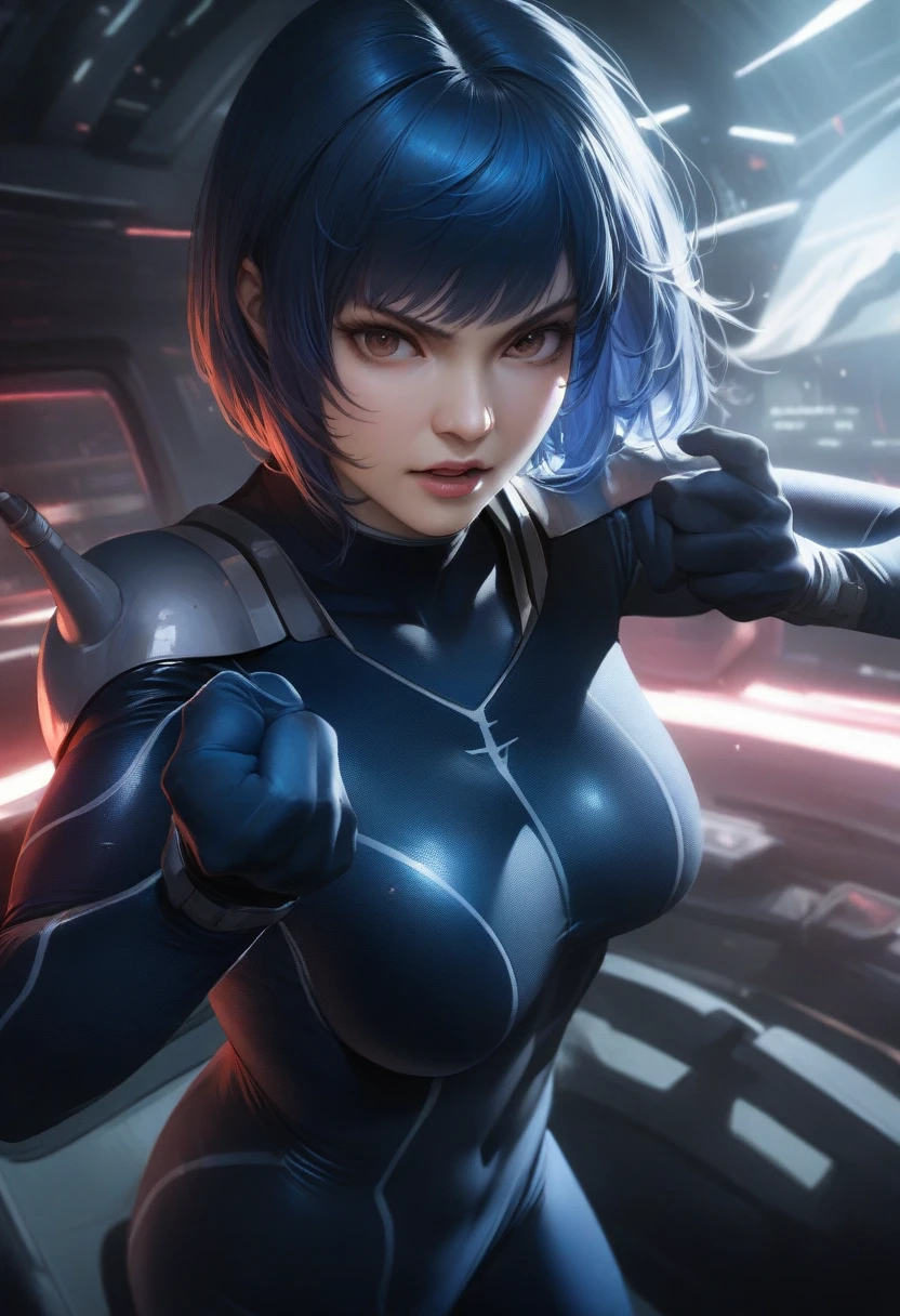 Perfect hands, Perfect Fingers,Perfect Anatomy, masterpiece, Highest quality,Realistic, hyperRealistic, 16k hdr,One girl, Medium chest,Blue Hair, Bobcut,Mobile Trace Suit, Pauldrons,Fighting Pose, Upper Body, cockpit