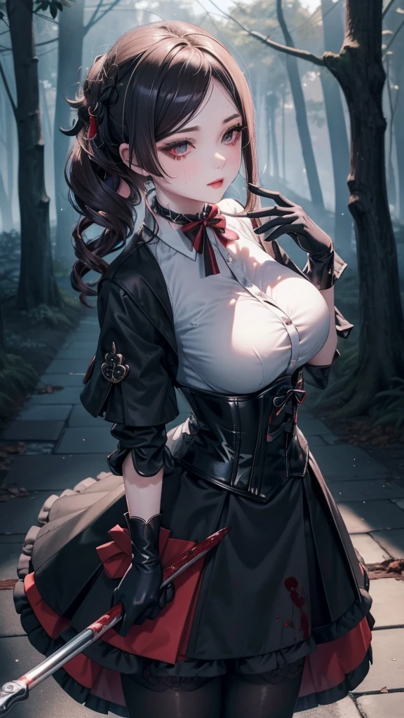 ((blood droplets)), ((blood)), ((blood splatter)), ((blood on clothes)), ((blood stain)), Masterpiece, Beautiful art, professional artist, 8k, Very detailed face, Detailed clothing, detailed fabric, 1 girl, Chiori \(genshin impact\), standing, perfectly drawn body, big breasts, shy expression, pale skin, beautiful face, long black hair, Blue eyes, very detailed eyes, pink cheeks, choker:1.6, (white collar button down long sleeve shirt), black gloves, gloves that cover hands, (holds an ax with his right hand), (black leather corset), (shiny black leggings), Sensual Lips , evening de invierno,  show details in the eyes, looking at the viewer, Dark road, dark forest, evening, Atmosphere, fog