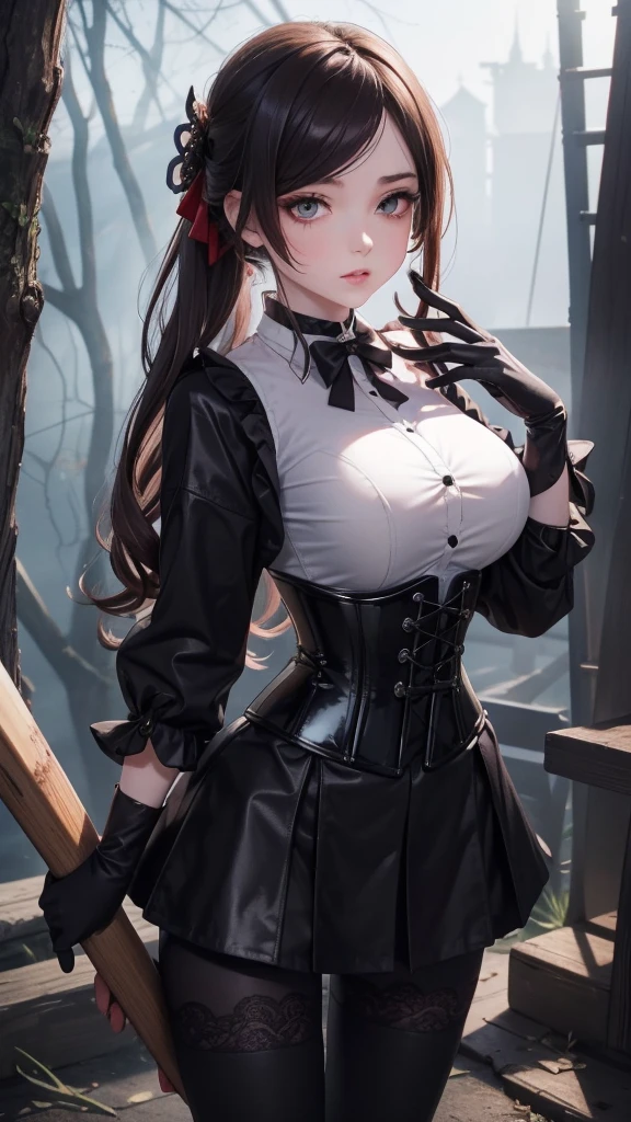 ((blood droplets)), ((blood)), ((blood splatter)), ((blood on clothes)), ((blood stain)), Masterpiece, Beautiful art, professional artist, 8k, Very detailed face, Detailed clothing, detailed fabric, 1 girl, Chiori \(genshin impact\), standing, perfectly drawn body, big breasts, shy expression, pale skin, beautiful face, long black hair, Blue eyes, very detailed eyes, pink cheeks, choker:1.6, (white collar button down long sleeve shirt), black gloves, gloves that cover hands, (holds an ax with his right hand), (black leather corset), (shiny black leggings), Sensual Lips , evening de invierno,  show details in the eyes, looking at the viewer, Dark road, dark forest, evening, Atmosphere, fog